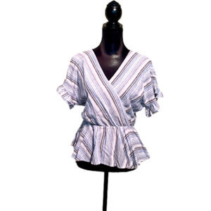 FRANCESCA’S mi ami Faux Wrap Striped Peplum Ruffle Sleeve Linen Beach Top